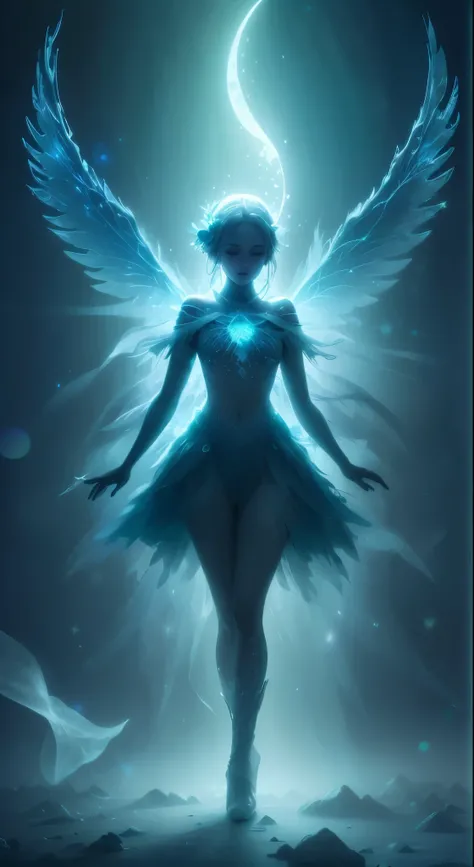 frozen wings, ice crystals, frost, moon glow, blue fog, moon beams, blue-green light beams, bioluminescent light Merging seamlessly in an ethereal dance, the elusive concepts of quantum physics intertwine with the mystique of nature in a dreamlike state. T...