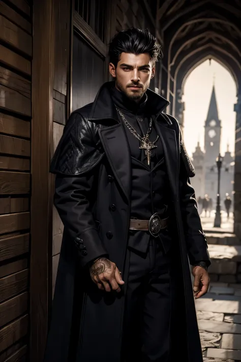 Roupa preta medieval do inverno masculino overcoat preto