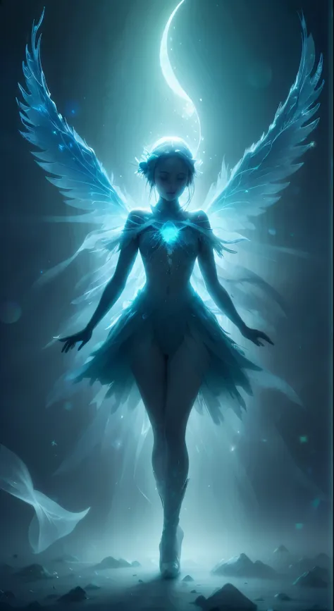 frozen wings, ice crystals, frost, moon glow, blue fog, moon beams, blue-green light beams, bioluminescent light Merging seamlessly in an ethereal dance, the elusive concepts of quantum physics intertwine with the mystique of nature in a dreamlike state. T...