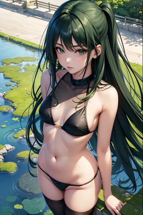 (masterpiece),4k, (ultra realistic), (best quality), (high detailed face),sexy, 1girl, a beautiful japanese girl standing nearby the lake, slim, long legs, (bikini), (flat chested), (black stocking), (pubic hair), (green hair, green eyes), (from above view...