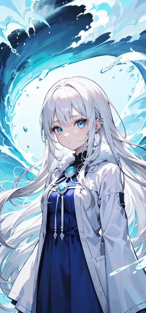 anime girl with long white hair and a blue dress looking at a wave, the piercing stare of yuki onna, frozen tear, white haired deity, it has a piercing gaze, really close, frost clings to her skin, white haired lady, white haired