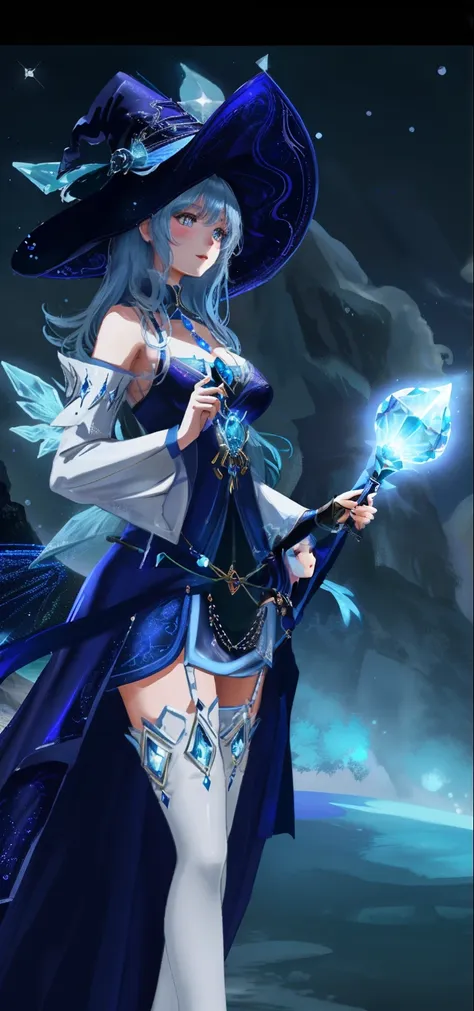 wearing a blue dress、wearing a hat、alafid woman holding glass, astral witch clothes, beautiful ancient frost witch, beautiful ce...