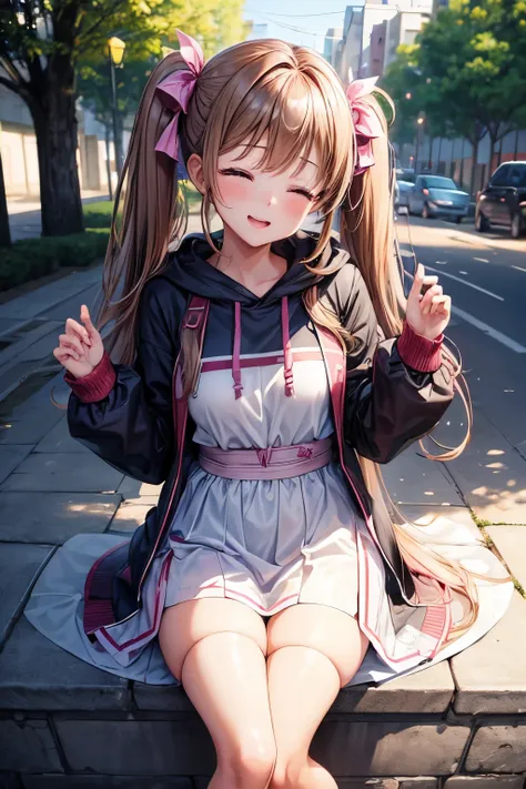 ((1 girl)), ((highest quality)), (super detailed), (very detailed CG 統合 8k 壁紙), very detailed, High resolution raw color photos, professional photography, (twin tails), brown hair, wonderful face and eyes, pink eyes, (amazingly beautiful girl), drop should...