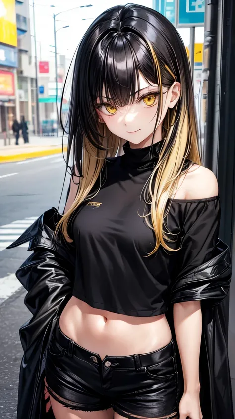 20 years old Japanese lady (( small breast, slender)), jet-black very shaggy  hair (( over shoulder length hair , much flipped hair )),(( so much shaggy forelock))(( some yellow highlights, some blonde highlights)), BREAK, keen and sharp eyes ((shiny yello...