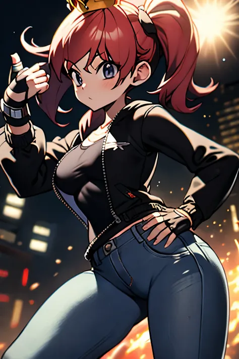 1 girl, fingerless black gloves point up, white jacket, jeans, black t-shirt with a white cross, the king of fighters style