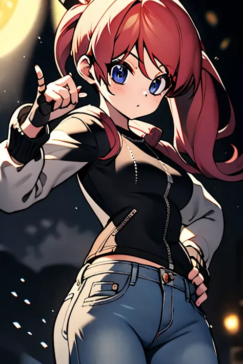 1 girl, fingerless black gloves point up, white jacket, jeans, black t-shirt with a white cross, the king of fighters style