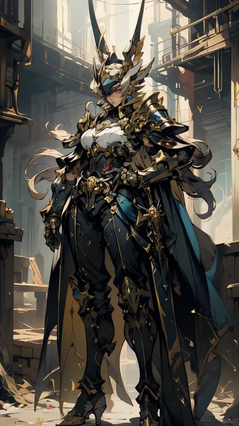 a woman adorned in fantasy-style full-body armor, a crown-concept fully enclosed helmet that unveils only her eyes, a composite ...