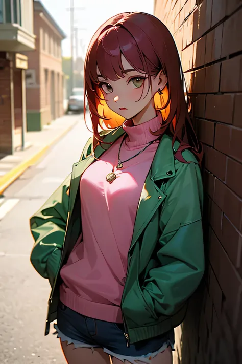 (masterpiece, highest quality, 1 girl, alone, intricate details, chromatic aberration), realistic, ((Medium breath)),long hair, redhead, red headdress, pink highlights, amber eyes, earrings, clear eyes, necklace, neon shirt, torn shorts, unbuttoned jacket,...