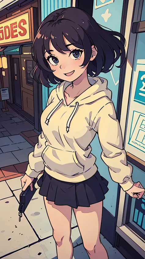 (best quality:0.8) Perfect anime illustration, a beautiful, Happy woman with short curly brown hair on city street, wearing a hoodie, skirt