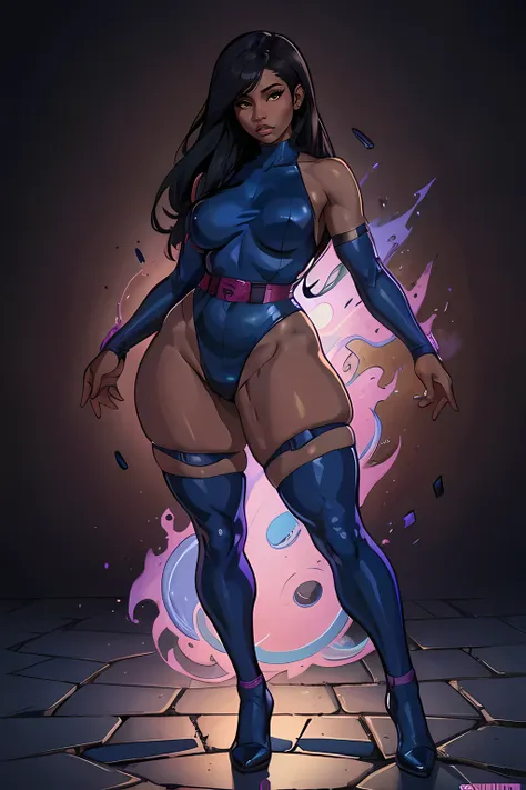 illustration of nicki minaj as betsy braddock psylocke, ((dark skin)) toned skin, black hair, chubby, (medium breasts), dark pur...