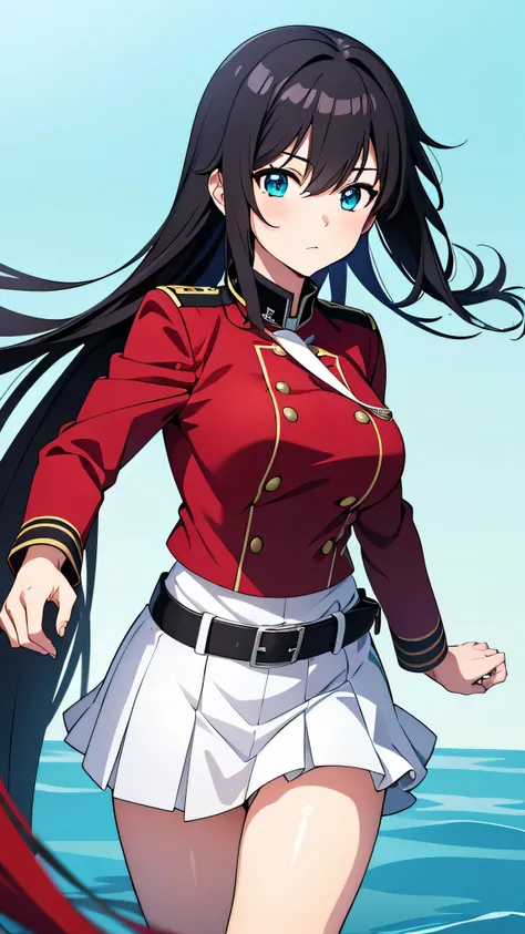 masterpiece, best quality, high resolution, Ridiculous, Yukinoshita_Yukino, 1 girl, Alcohol, black hair, aqua eyes, red belt, uniform, sobu high uniform