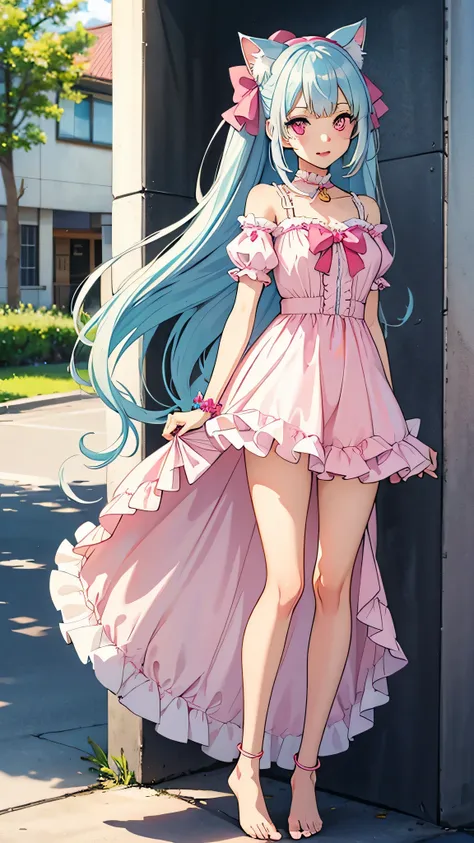 exquisite eyes，Full body image,a girl,Meet,bare legs，barefoot，Watercolor style，cat style,Public area display,Long silver hair,light blue hair,light pink hairstyle，Cat ears，pink eyes，lolita whore，white half，pink bow,Open your mouth and smile,ligation bracel...