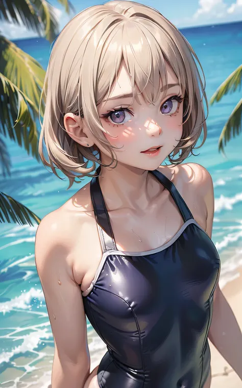 (old school swimsuit:1.3、Face enhancement:1.3, upper body:1.6, from above:1.3)、12 yers old、absurderes、detailed hair、Flat Lighting、dramatic angle、sexy pose、best quality、intricate detailed、Hyperrealistic、perspective, highly detailed, detailed background, ill...