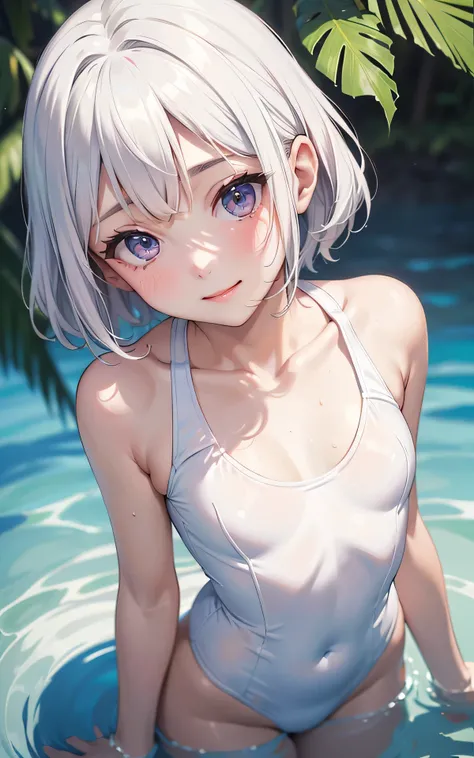 (transparent、white old school swimsuit:1.3、Face enhancement:1.3, upper body:1.6, from above:1.3)、12 yers old、absurderes、detailed hair、Flat Lighting、dramatic angle、sexy pose、best quality、intricate detailed、Hyperrealistic、perspective, highly detailed, detail...