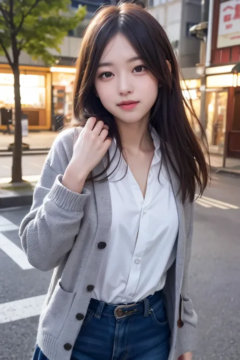 masterpiece, best image quality, high quality, beautiful girl, Japan語, Japan , popular korean makeup,school uniform, cardigan、 detailed, swollen eyes, detailed eye, fine skin, beautiful skin, Super high resolution, (reality:1.4), very very beautiful, a lit...