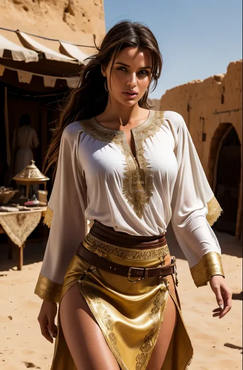 (Meisterwerk), high quality, medieval setting, Lara Croft sexy medieval rich lot of golden emroidery white flowing voluminous multi layer beduin desert kaftan galabiya blowing flowing in the wind over a short leather skirt, seductive in a medieval arabian ...