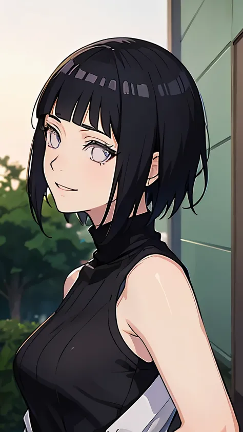 anime character, short hair, Hinata Hyuga, black sweater, selfie, portrait, smile, very perfect, very detailed