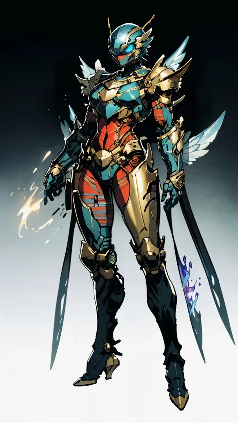 A woman adorned in fantasy-style full-body armor, a crown-concept fully enclosed helmet that unveils only her eyes, a composite layered chest plate, fully encompassing shoulder and hand guards, a lightweight waist armor, form-fitting shin guards, the overa...