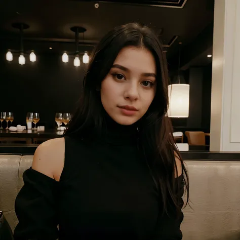 a girl wearing a black turtleneck in a modern restaurant, luxury Aesthetic 