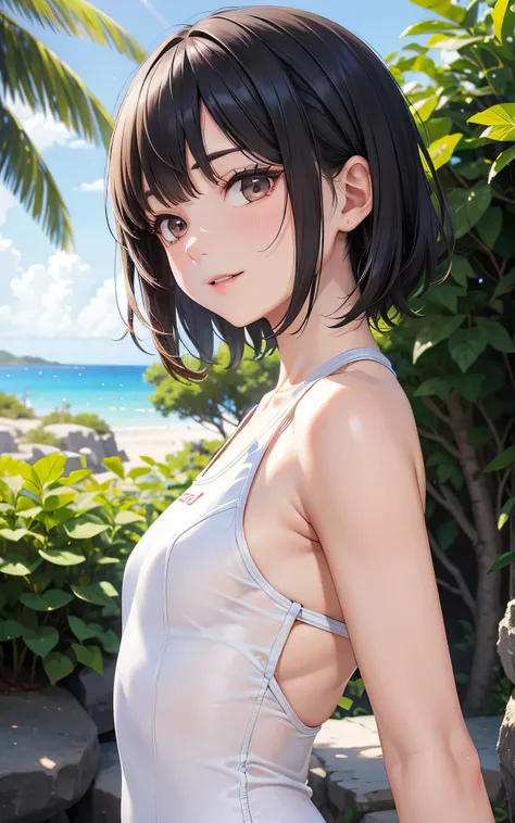 (transparent white old school swimsuit:1.3、Face enhancement:1.3, upper body:1.6, from side:1.3)、12 yers old、absurderes、detailed hair、Flat Lighting、dramatic angle、sexy pose、best quality、intricate detailed、Hyperrealistic、perspective, highly detailed, detaile...