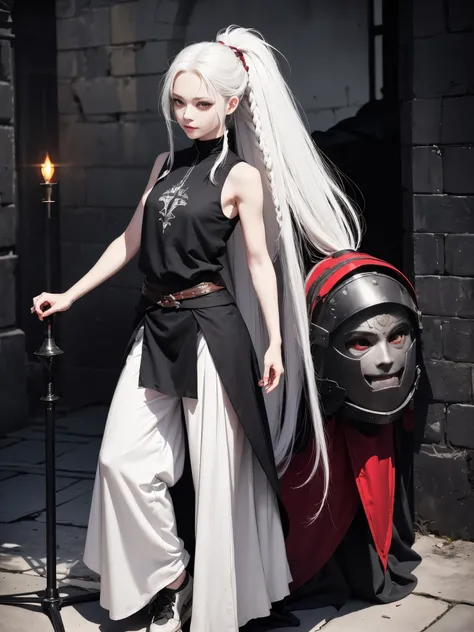 (red eyes), solo, 1girl, young girl, cheerful smirk, shadow on eyes, pale skin, (long white hair with single braid), (messy haircut), ((fantasy medieval clothes), (black sleeveless shirt)), ((light armored clothes)), oversized canvas pants, lightweight sho...