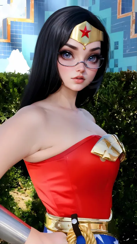 araffe woman in a wonder costume posing for a picture, irelia from league of legends, glamorous tifa lockheart, dressed as wonder woman, irelia, portrait of tifa lockhart, faye valentine, close up half body shot, tifa lockheart, faye valentine from cowboy ...