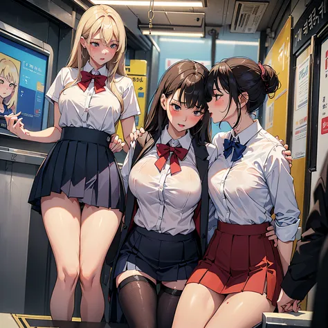 NSFW, photorealistic, top-quality, masterpiece, 4 Korean women , Korean female only, ABSOLUTELY NO MALE, absolutely no men, VERY crowded female only subway train interior detailed scenario, VERY crowded Korean female only subway train interior detailed bac...