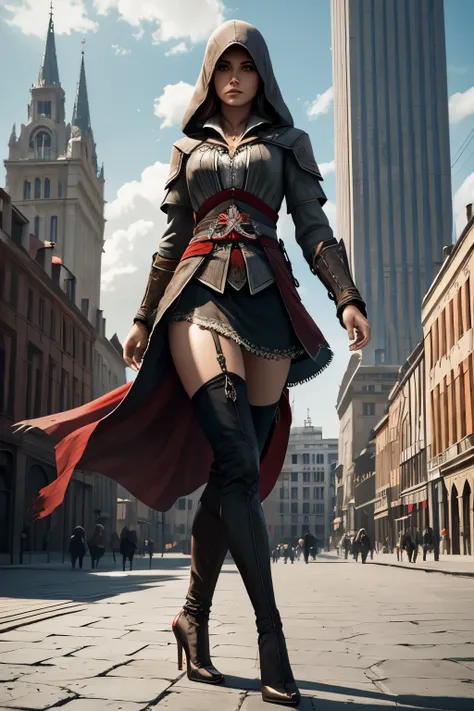 La mujer, Стиль Assassins Creed, ropa corta, poca ropa, hig heels, tacones, Ciudad al fondo, medias, medias negras, stockings, tighthigs, black stockings, muy detallado, Realistic long-term photography., 4k, pelo largo, brown hair, By the chestnut, labios ...