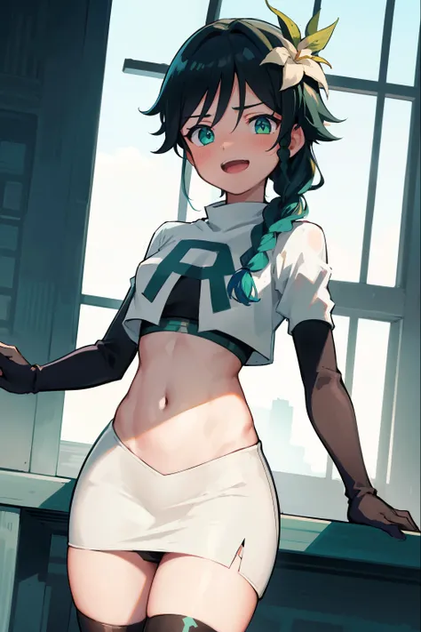 absurdres,venti,1boy, male focus, trap,black hair, green-blue hair, hair braid,hair flower,aqua green eyes,crossdressing,1boy,team rocket,team rocket uniform,white skirt,red letter R,crop top,black thigh-highs,black elbow gloves, laughing,happy, blush