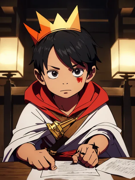 A little boy wearing a paper crown，Holding a paper-folded sword in his hand and holding a bloody cloak