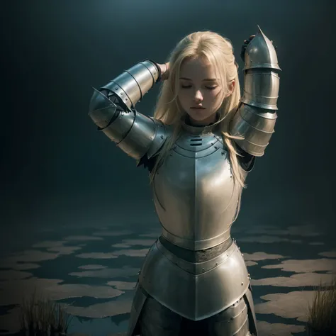 best quality, masterpiece,  (realistic:1.2),long shot, 1 girl, solo, standing,(full body shot:1.0),(front face:1.7), Blonde hair, brown eyes,Front, detailed face, beautiful eyes,(closed eyes:1.1), (wear knight armor:1.7),Infrared Filter,No Make Look,(arms ...