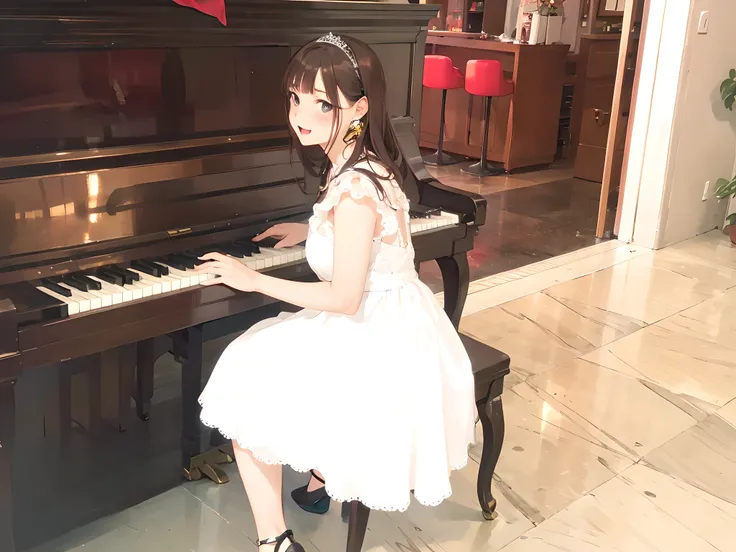 there is a woman in a white dress playing a piano, Chiho, ayami kojima amano, Yoshitomo Nara, pianist, narumi kakinouchi, Photographed with Canon EOS 5D, deayami kojima, harumi, Photographed with Canon 80d, motto hole, white!!, rorish