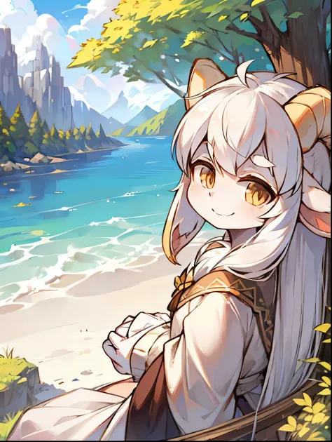 Panoramic outdoor views，Goat Girl，female focus，hairy woman，Furry loli，goat horns，sheep ears，white hair，Bright Eyes，Smile，