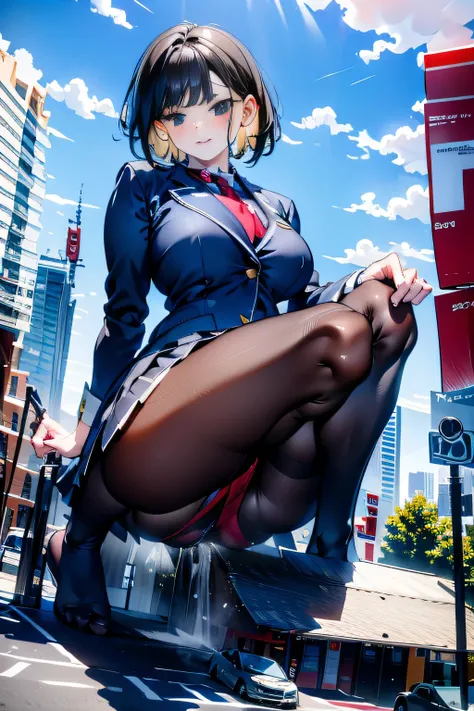 Giantの芸術, 非常に詳細なGiantショット, Giant, short hair, A high school girl who is much bigger than a skyscraper, wearing rimless glasses, big breasts, big ass, navy blazer, red tie, mini skirt, black pantyhose, pantyhose barefoot, Steam comes out from the soles of t...