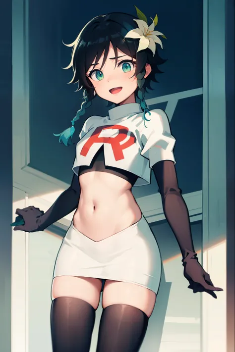 absurdres,venti,1boy, male focus, trap,black hair, green-blue hair, hair braid,hair flower,aqua green eyes,crossdressing,1boy,team rocket,team rocket uniform,white skirt,red letter R,crop top,black thigh-highs,black elbow gloves, laughing,happy, blush