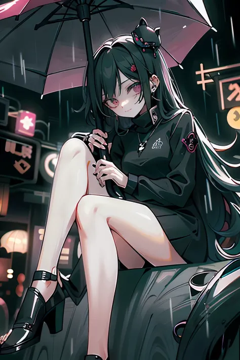 beautiful woman in black turtle neck sitting outside a fancy restaurant, dark pink long hair, night, raining and holding an umbrella, dark green, bad girl, evil, cute, happy
