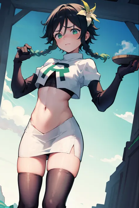 absurdres,venti,1boy, male focus, trap,black hair, green-blue hair, hair braid,hair flower,aqua green eyes,crossdressing,1boy,team rocket,team rocket uniform,white skirt,red letter R,crop top,black thigh-highs,black elbow gloves, embarrassed, blush