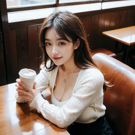 (top-quality、8K、32K、​masterpiece、Photorealsitic:1.4、nffsw:1.2)、Photo of a cute Japanese woman、Colossal tits:1.4、very short bobbed hai, coffee cup in her hand 、sface focus、Oversized_Sweaters、a necklace、simple background、From  above、looking at the viewers、cl...