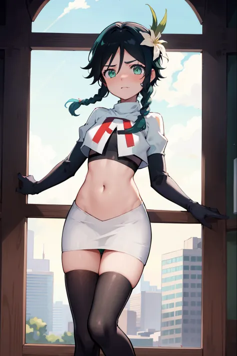 absurdres,venti,1boy, male focus, trap,black hair, green-blue hair, hair braid,hair flower,aqua green eyes,crossdressing,1boy,team rocket,team rocket uniform,white skirt,red letter R,crop top,black thigh-highs,black elbow gloves, embarrassed, blush