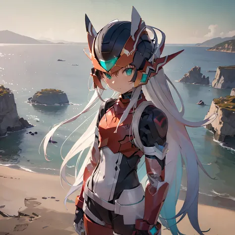 megzeromyth2023,1boy, long white hair, red armor, green energy sword, 8k, uhd, best quality, masterpiece, intricate, overlooking the ocean on the edge of a rock, in the style of avian-themed, realistic yet stylized, villagecore, azure, orange and azure, dr...