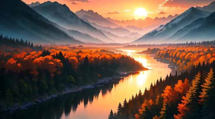 dusk, river bank, colorful sky, orange sun, mountains, distant mountains, outline, beautiful scenery, under the warm embrace of ...