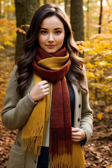 (best quality:1.2), ultra high res, (photorealistic:1.4), great textures, ultra high res, (realistic:1.3),
In the golden glow of an autumn forest, a woman in a flowing scarf skillfully captures the essence of the season with her camera. The leaves, with th...