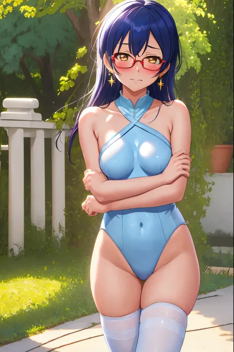 Masterpiece, best quality,Solo, cowboy shot,Sonoda umi,(white and blue leotard), magical girl glasses, earrings, thighhighs breasts,outdoors,day, crossed arms,golden eyes, embarrassed,(blushing:1.2)