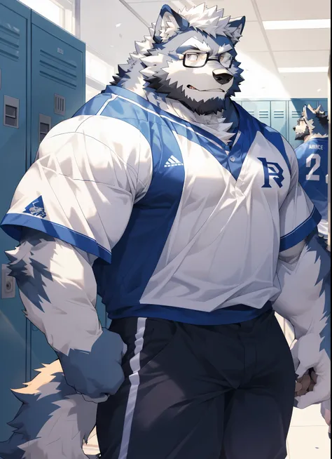 hairy，（Wolf，white baseball uniform，white baseball pants，Black-rimmed glasses，），beard，white fur，male，Common，full-body shot， dynamic poses，locker room，White in hand，Sunlight，Detailed background，极其lifelike阴影，masterpiece，Very detailed，lifelike