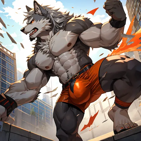 gray wolf、Completely nakedのオオカミ、silver mane、Body hair all over the body、pubic hair、navel hair、red and orange eyes、huge bulge in the crotch、Crotch about to burst、reinforced concrete background、Kicking pose、Pose with one arm raised、Composition looking up fro...