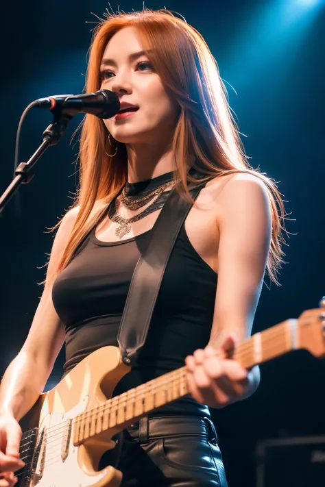 a woman with long auburn colored hair with tattoos wearing a black tank top playing a pink Solara Type 1452 on the stage in a concert, dramatic lighting, Metal Head, Metal Guitar, Strat-style guitar, (Solara Type 1452), Solar Guitar, cute face, beautiful f...