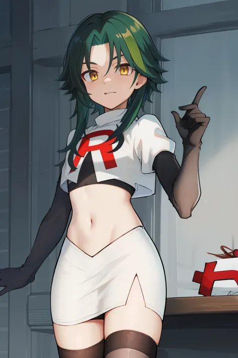 absurdres,xiao, 1boy, male focus, trap,green haired boy, yellow eyes, dead eyes, crossdressing,1boy,team rocket,team rocket uniform,white skirt,red letter R,crop top,black thigh-highs,black elbow gloves