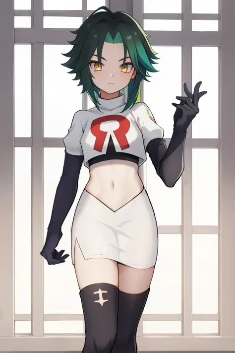 absurdres,xiao, 1boy, male focus, trap,green haired boy, yellow eyes, dead eyes, crossdressing,1boy,team rocket,team rocket uniform,white skirt,red letter R,crop top,black thigh-highs,black elbow gloves