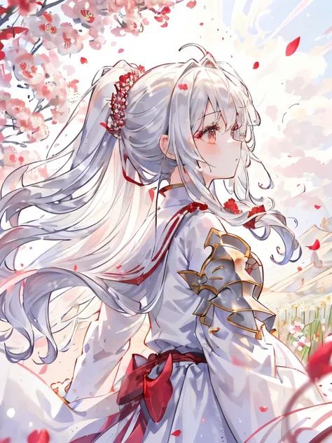 girl,Fluffy and curly hair,(Silvery shiny hair:1.2),ponytail,(Noble knight appearance:1.3),(profile:1.4),(Side view:1.3),Hair and clothes blowing in the wind,(The fluttering hem of clothes),(Flower field with a large amount of red and white petals),(朧月:1.4...