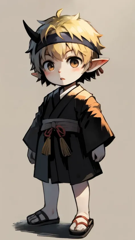 single，Look at the audience，short hair，blond，simple background，little boy，White background，Shut up，stand，whole body，Eye，cute boy，japanese clothing，horn，pointed ears，armor，mask，headband，sandals，tassel，pale skin，shota，toddler，baby